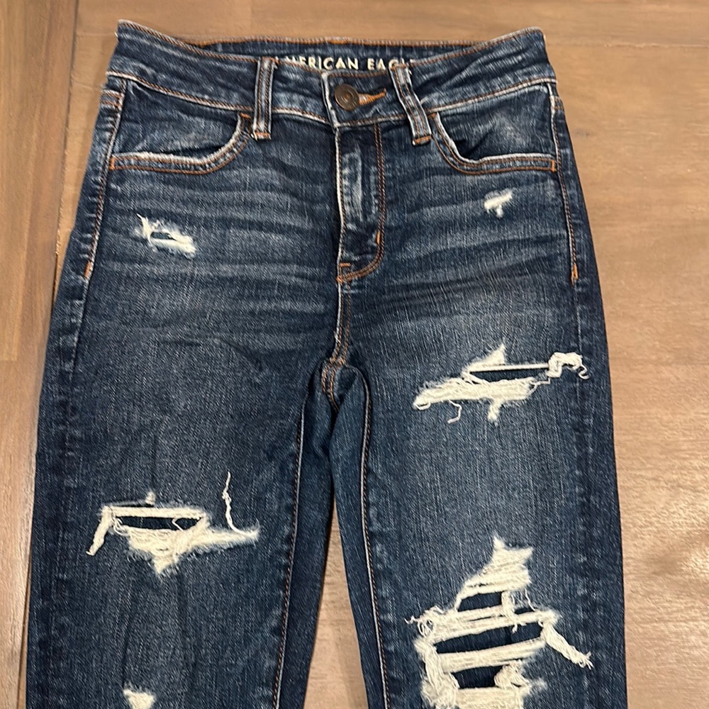 American Eagle Hi-Rise Jeggings Distressed Dark Wash Sz 2